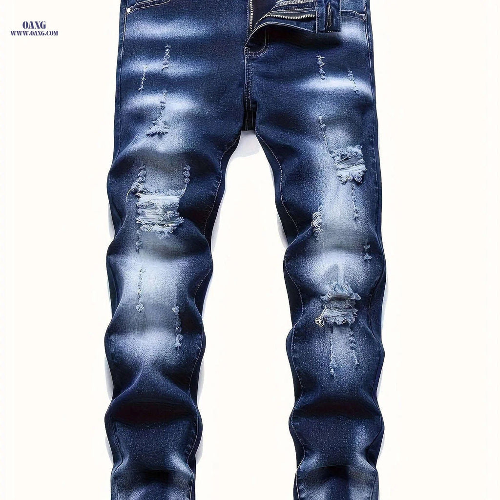 Men's Slim Fit Ripped Jeans - Casual Stretch Denim with Pockets   OAXG 
