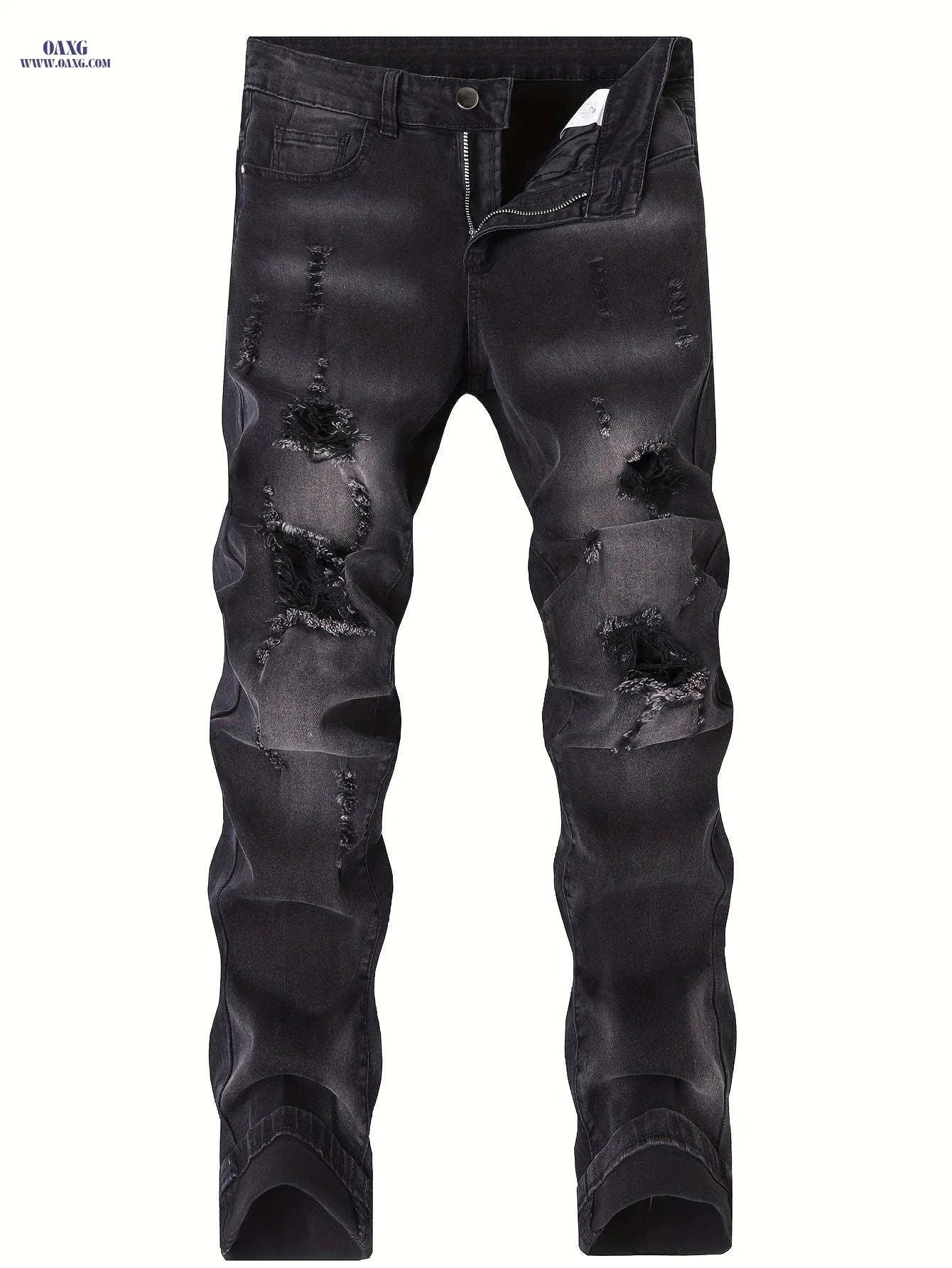 Men's Slim Fit Ripped Jeans - Casual Stretch Denim with Pockets   OAXG Blue / FR 38
