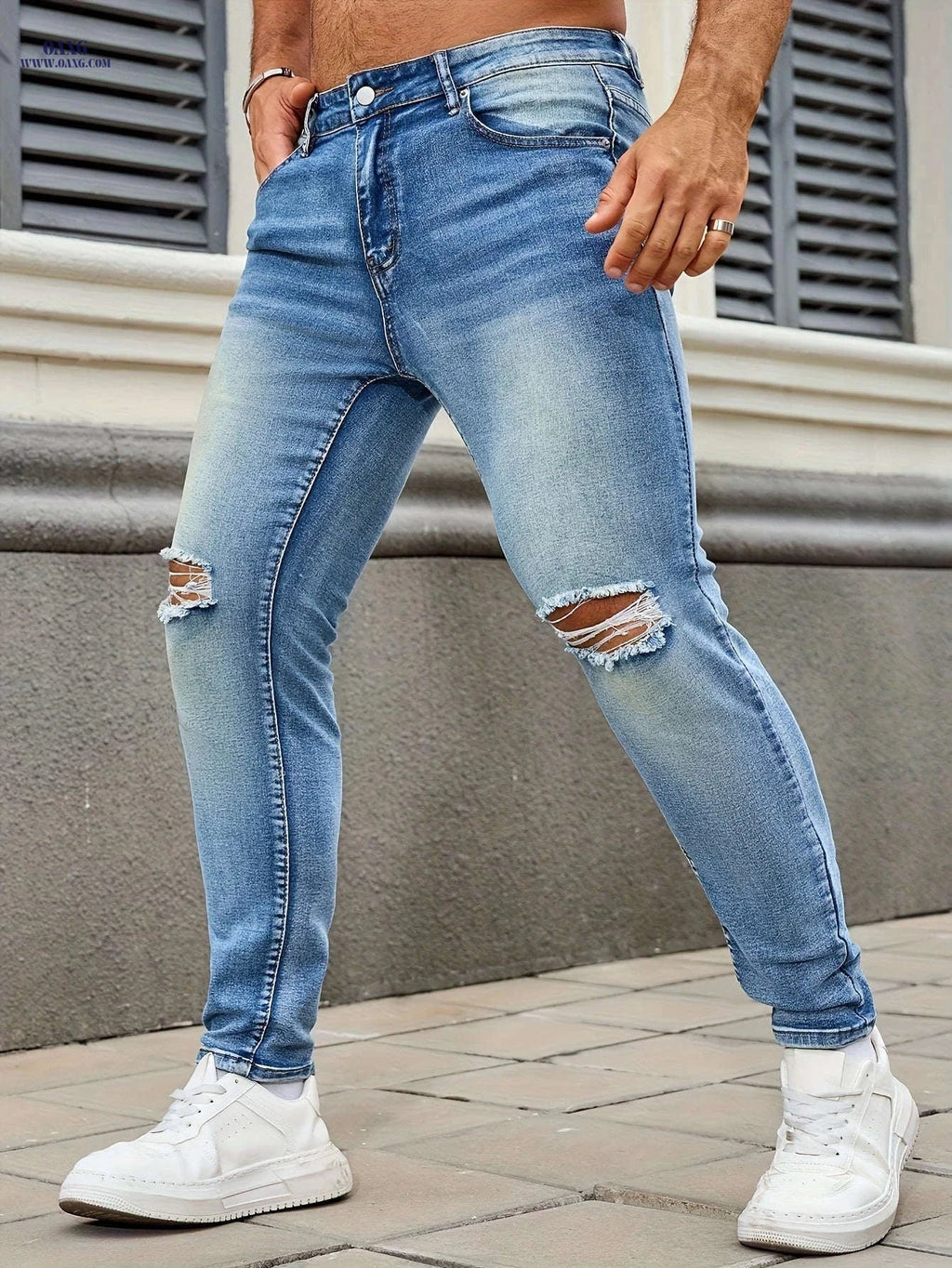 Men's Slim Fit Ripped Jeans - Stylish Denim for Casual Wear   OAXG 