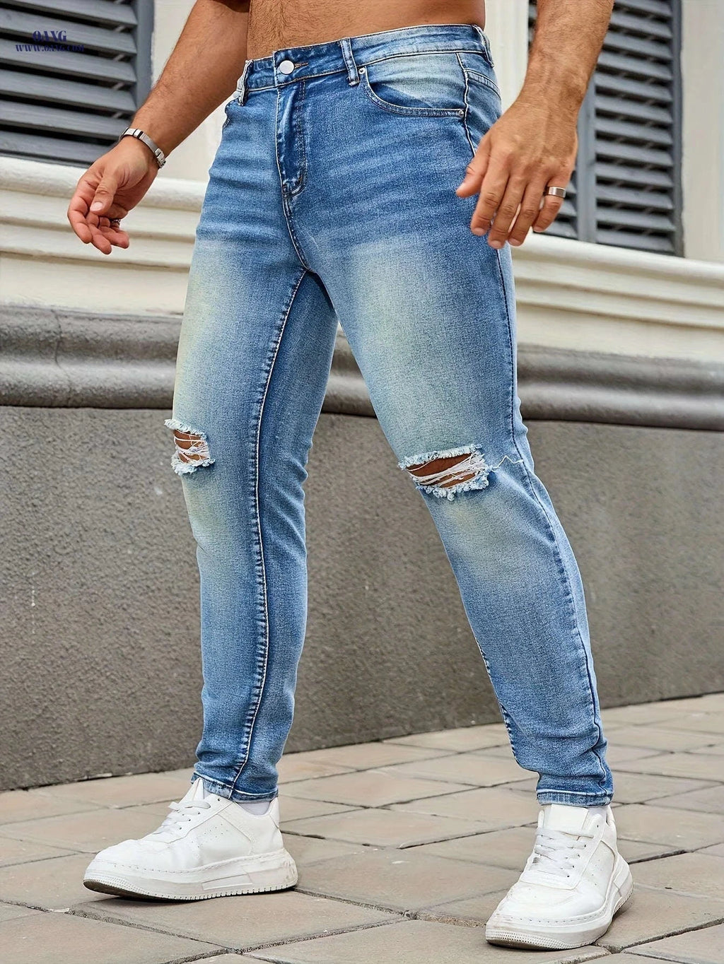 Men's Slim Fit Ripped Jeans - Stylish Denim for Casual Wear   OAXG Blue / FR 34-36