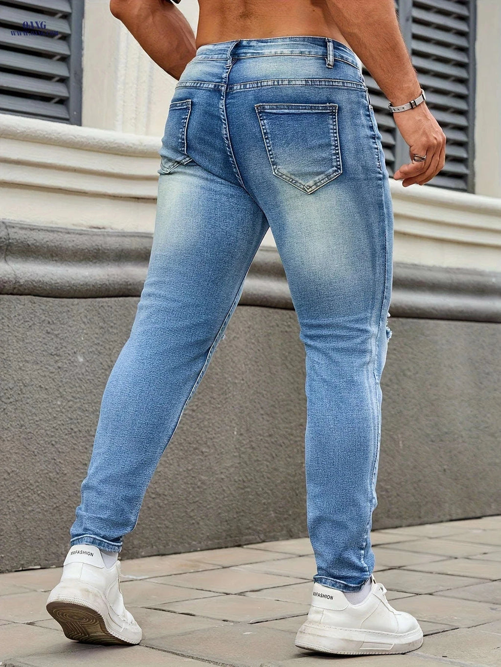 Men's Slim Fit Ripped Jeans - Stylish Denim for Casual Wear   OAXG Blue / FR 34-36