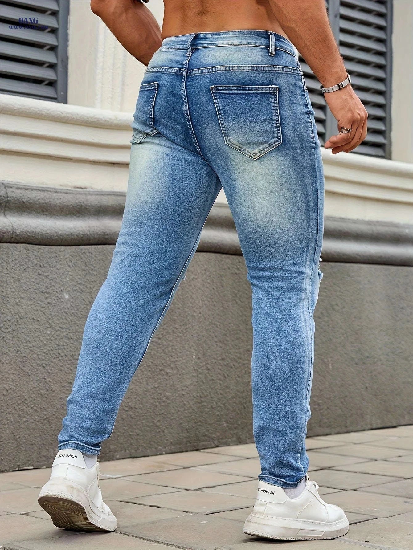 Men's Slim Fit Ripped Jeans - Stylish Denim for Casual Wear   OAXG Blue / FR 34-36