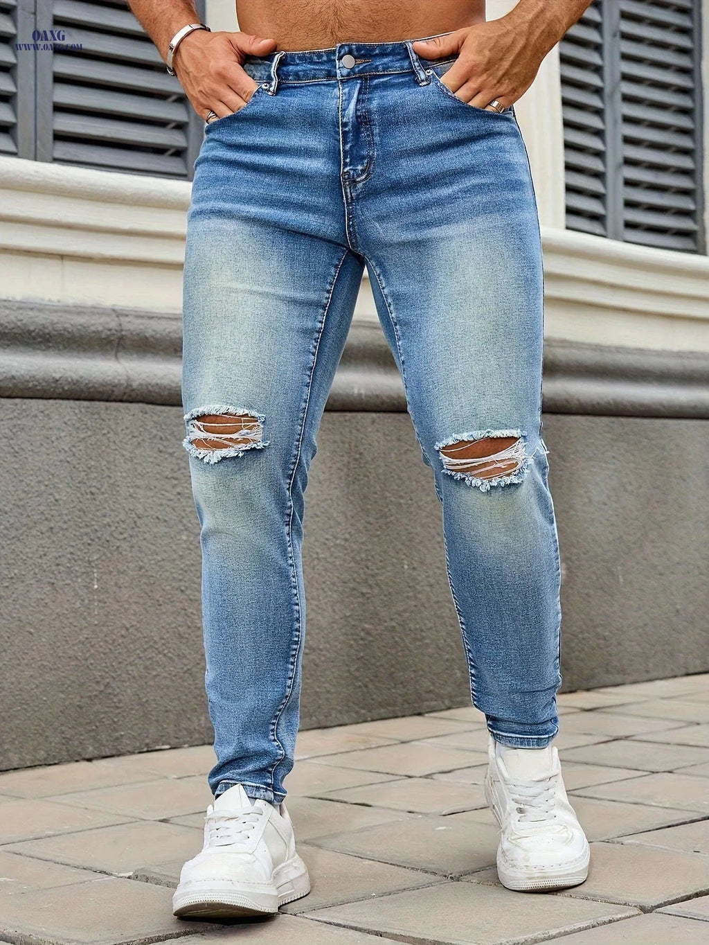 Men's Slim Fit Ripped Jeans - Stylish Denim for Casual Wear   OAXG Blue / FR 34-36