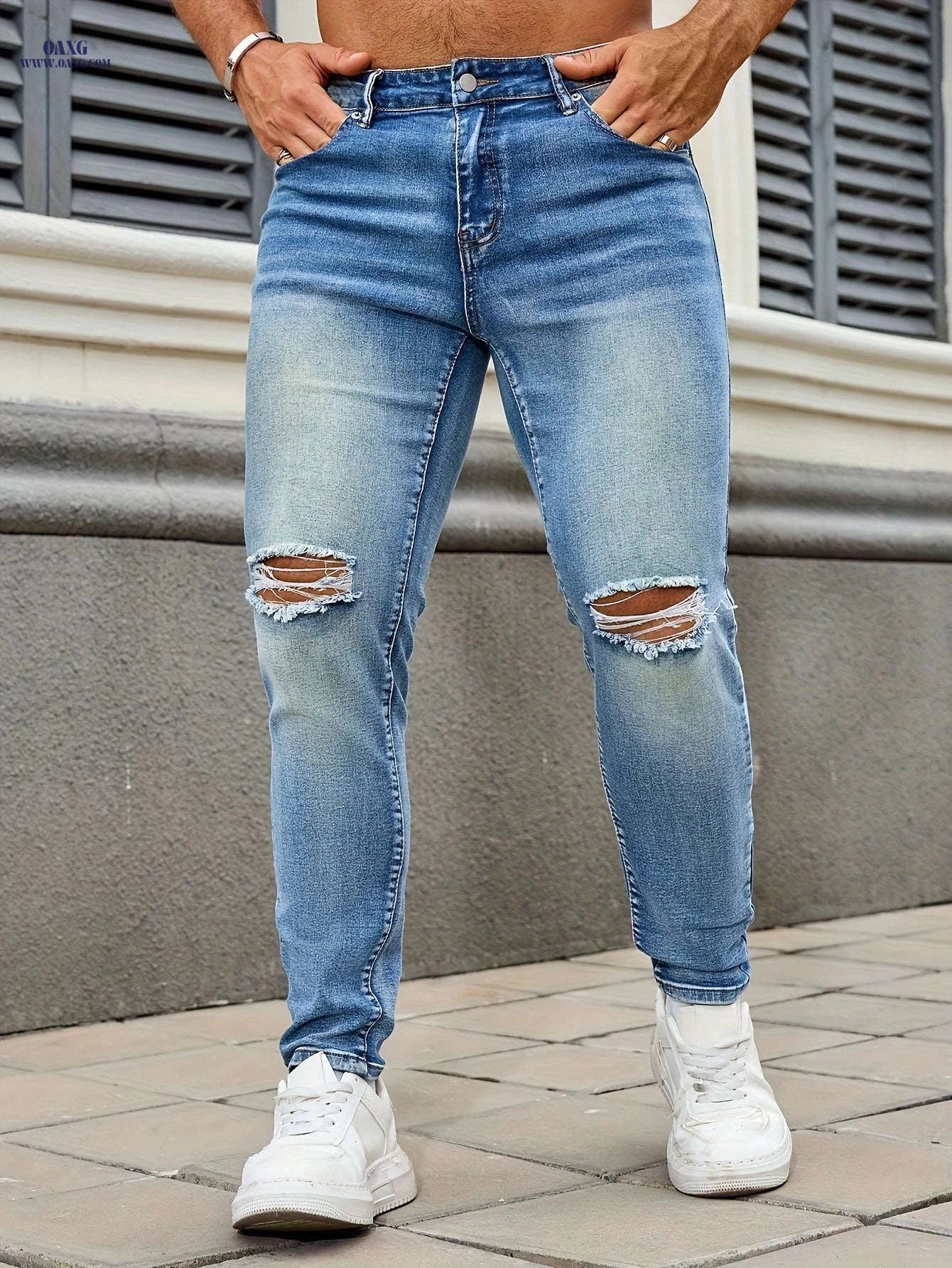 Men's Slim Fit Ripped Jeans - Stylish Denim for Casual Wear   OAXG Blue / FR 34-36