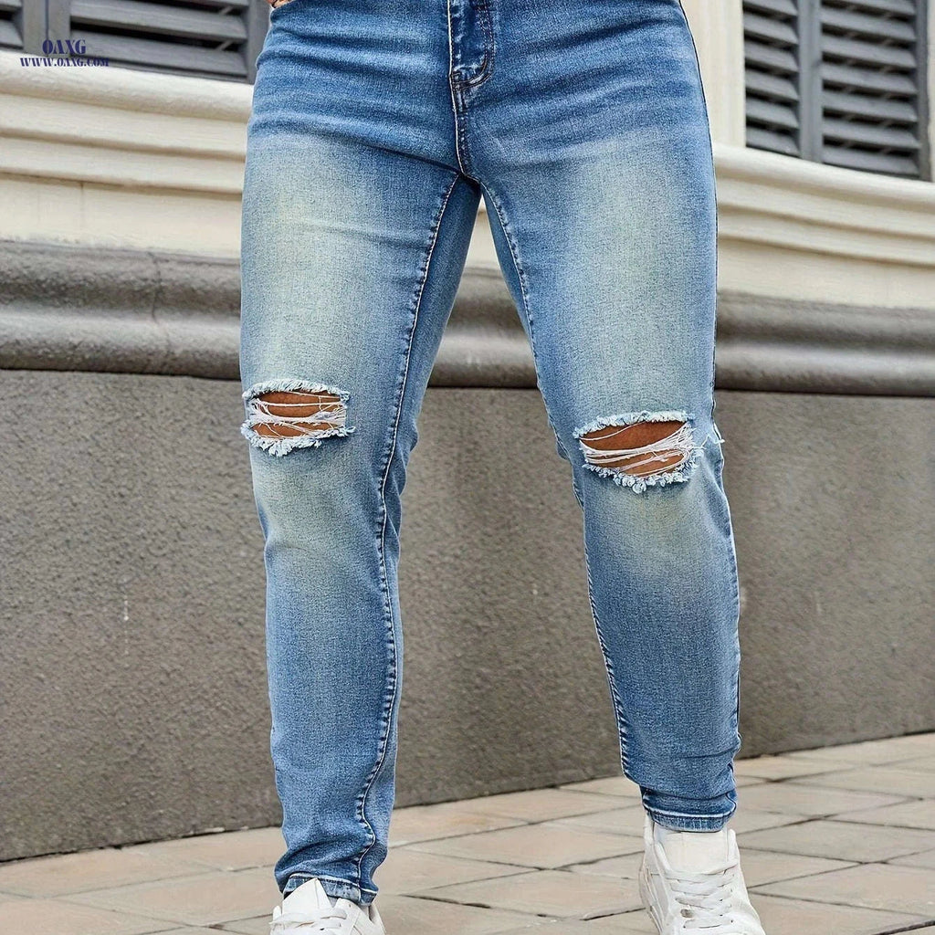 Men's Slim Fit Ripped Jeans - Stylish Denim for Casual Wear   OAXG 