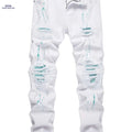 Men's Slim Fit Ripped Jeans with Green Wave Lining - Casual Style   OAXG White / 28