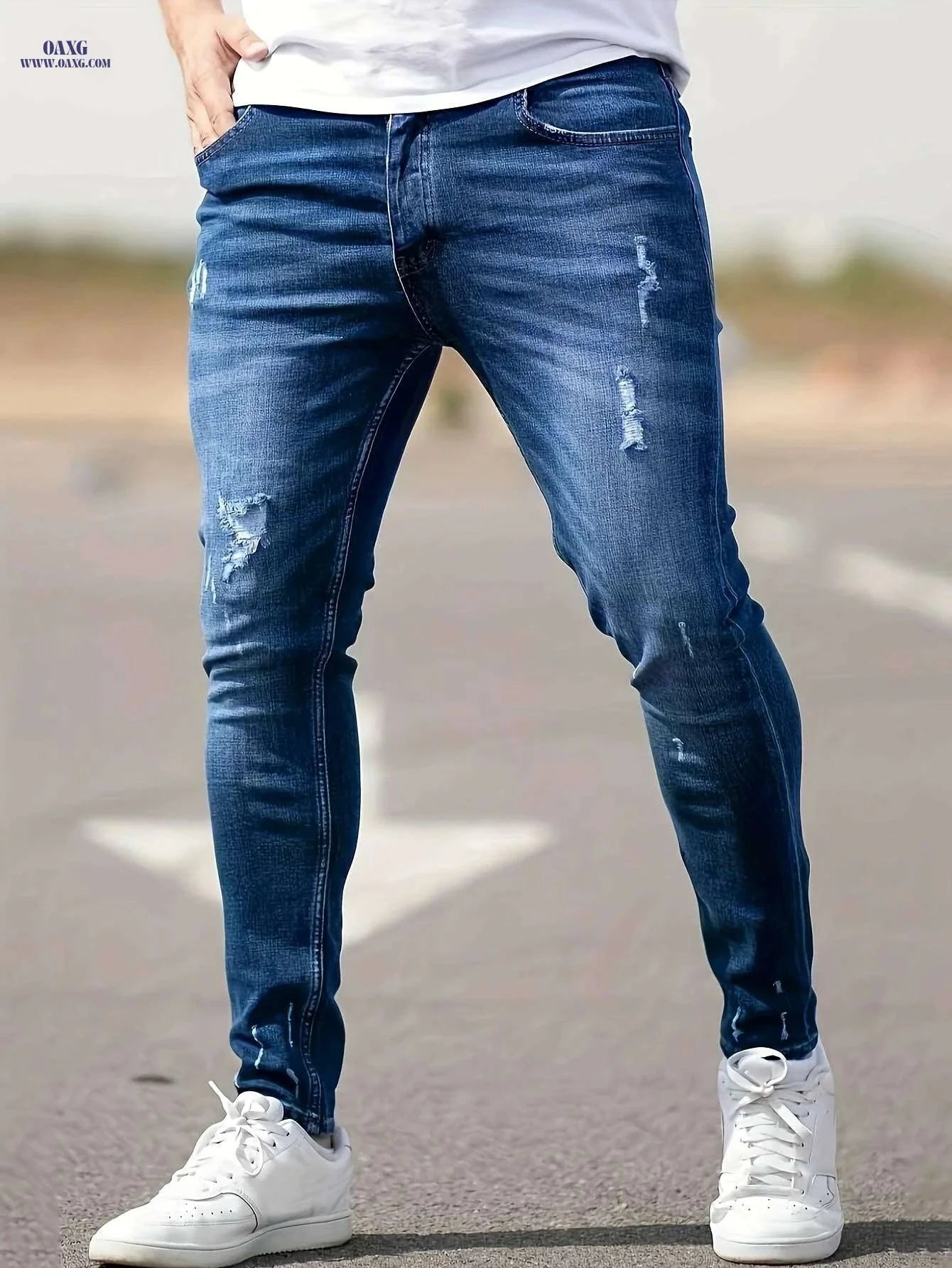 Men’s Slim Fit Ripped Tapered Jeans - Distressed Denim for Casual Style   OAXG Royal Blue / XS