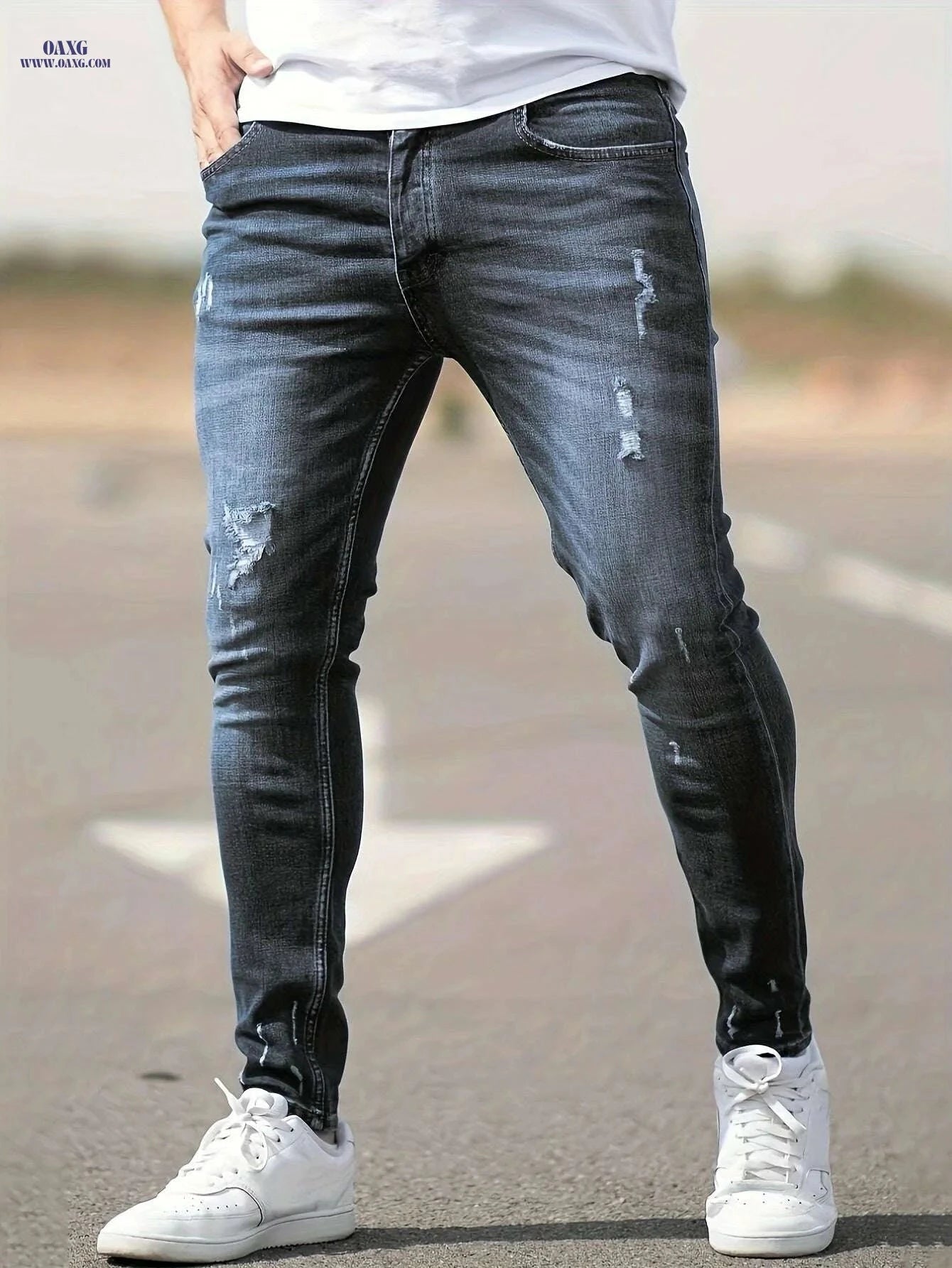 Men’s Slim Fit Ripped Tapered Jeans - Distressed Denim for Casual Style   OAXG Royal Blue / XS