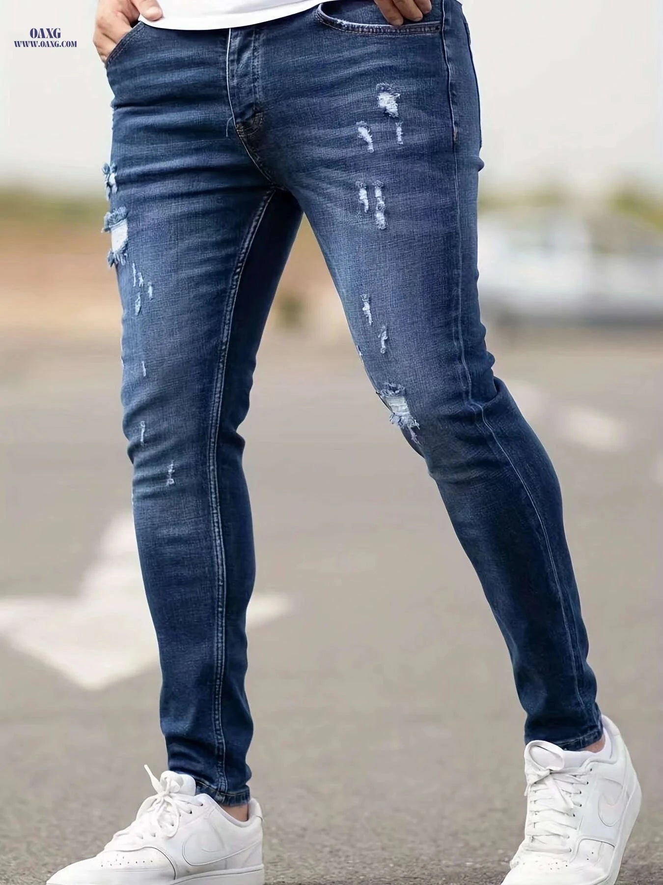 Men’s Slim Fit Ripped Tapered Jeans - Distressed Denim for Casual Style   OAXG Royal Blue / XS