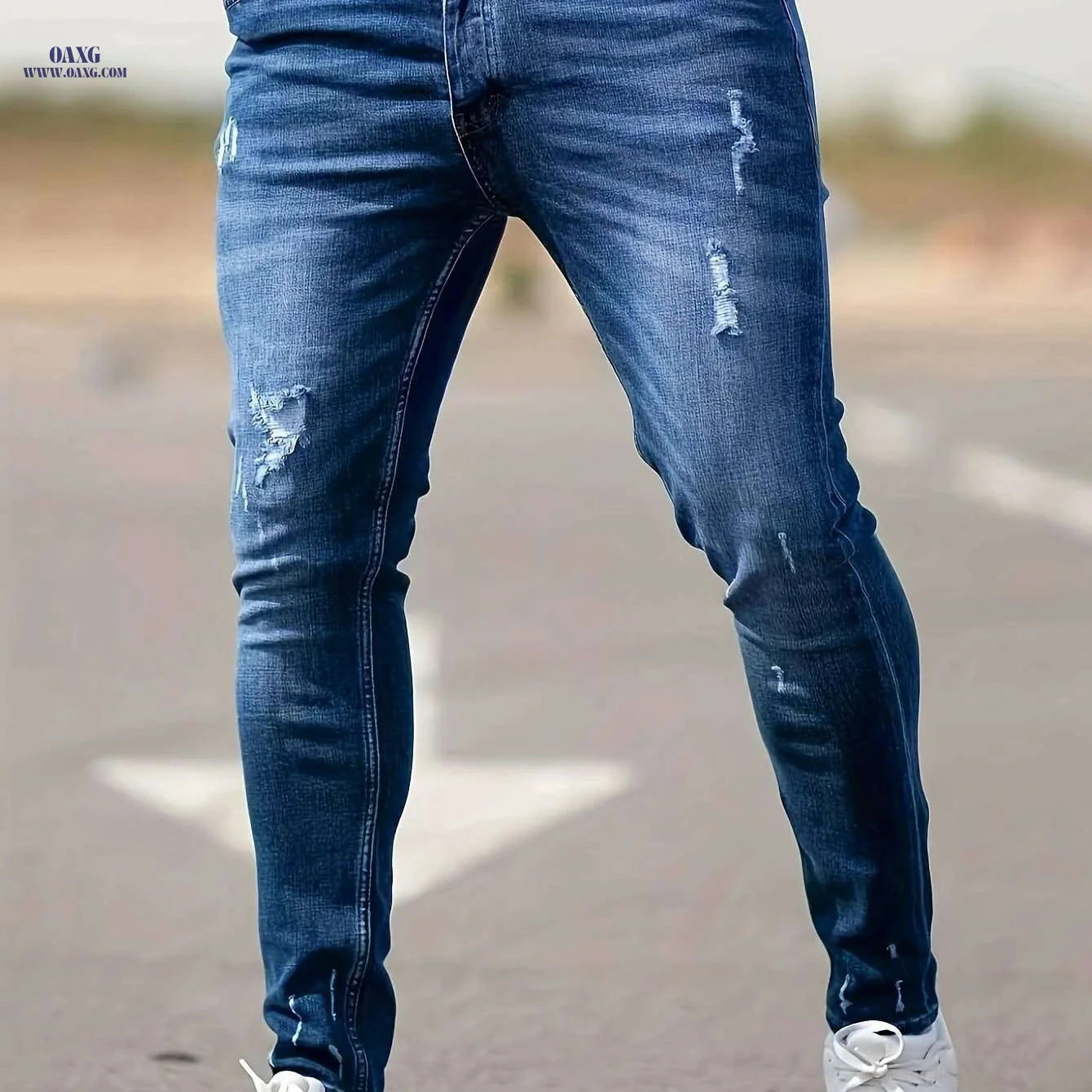 Men’s Slim Fit Ripped Tapered Jeans - Distressed Denim for Casual Style   OAXG Royal Blue / XS