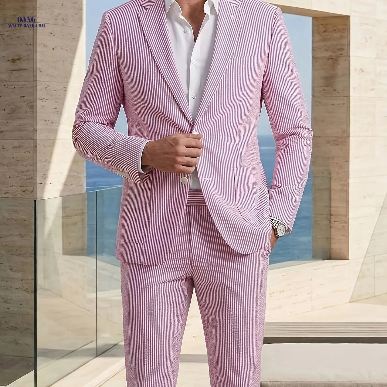 Men's Slim Fit Seersucker Suit - Stylish Summer Formal 2pcs Set   OAXG 