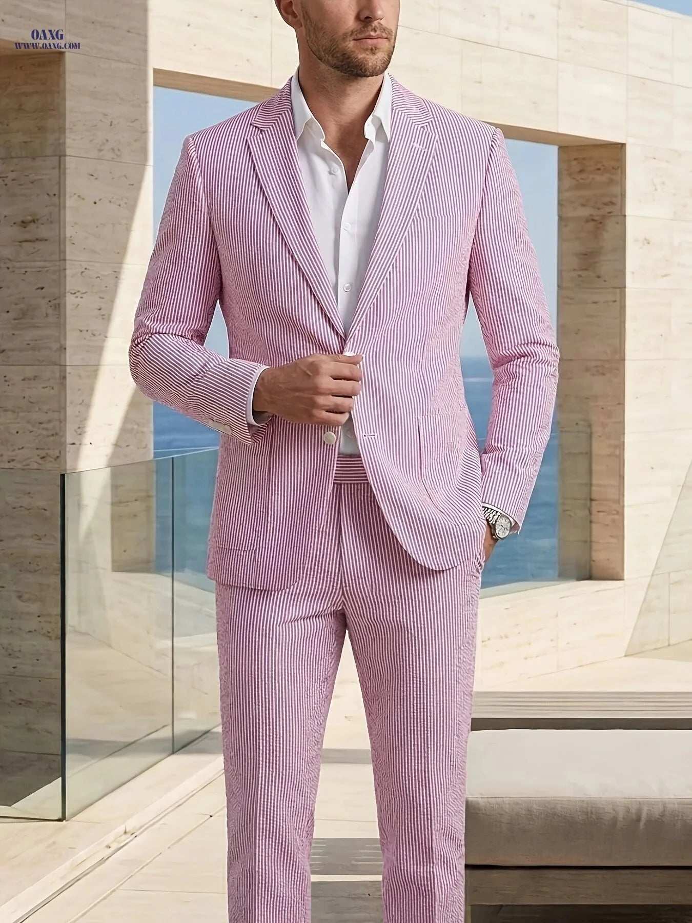 Men's Slim Fit Seersucker Suit - Stylish Summer Formal 2pcs Set   OAXG 
