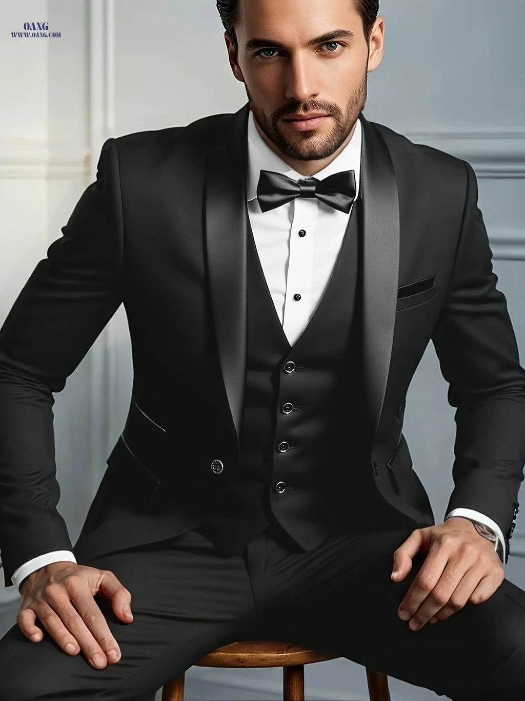 Men's Slim Fit Shawl Collar Suit - Three-Piece Holiday & Wedding Attire   OAXG Black / FR XXS