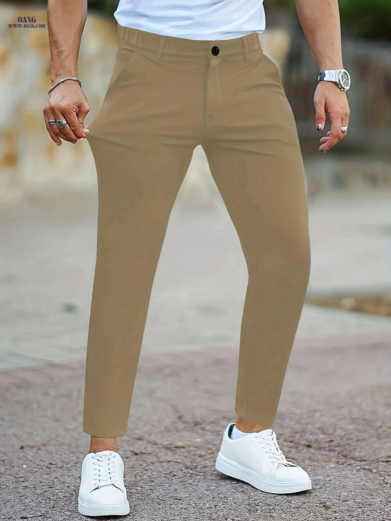 Men's Slim-Fit Skinny Pants - Solid Color Casual Trousers   OAXG White / FR S