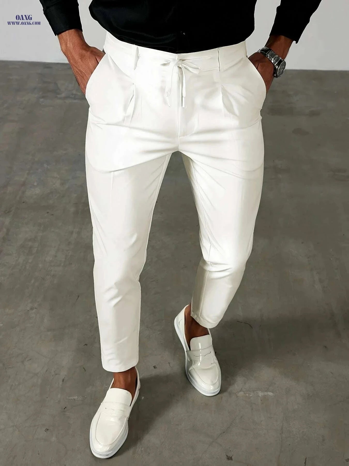 Men’s Slim-Fit Stretch Ankle Pants - Comfortable Dress Trousers   OAXG White / S