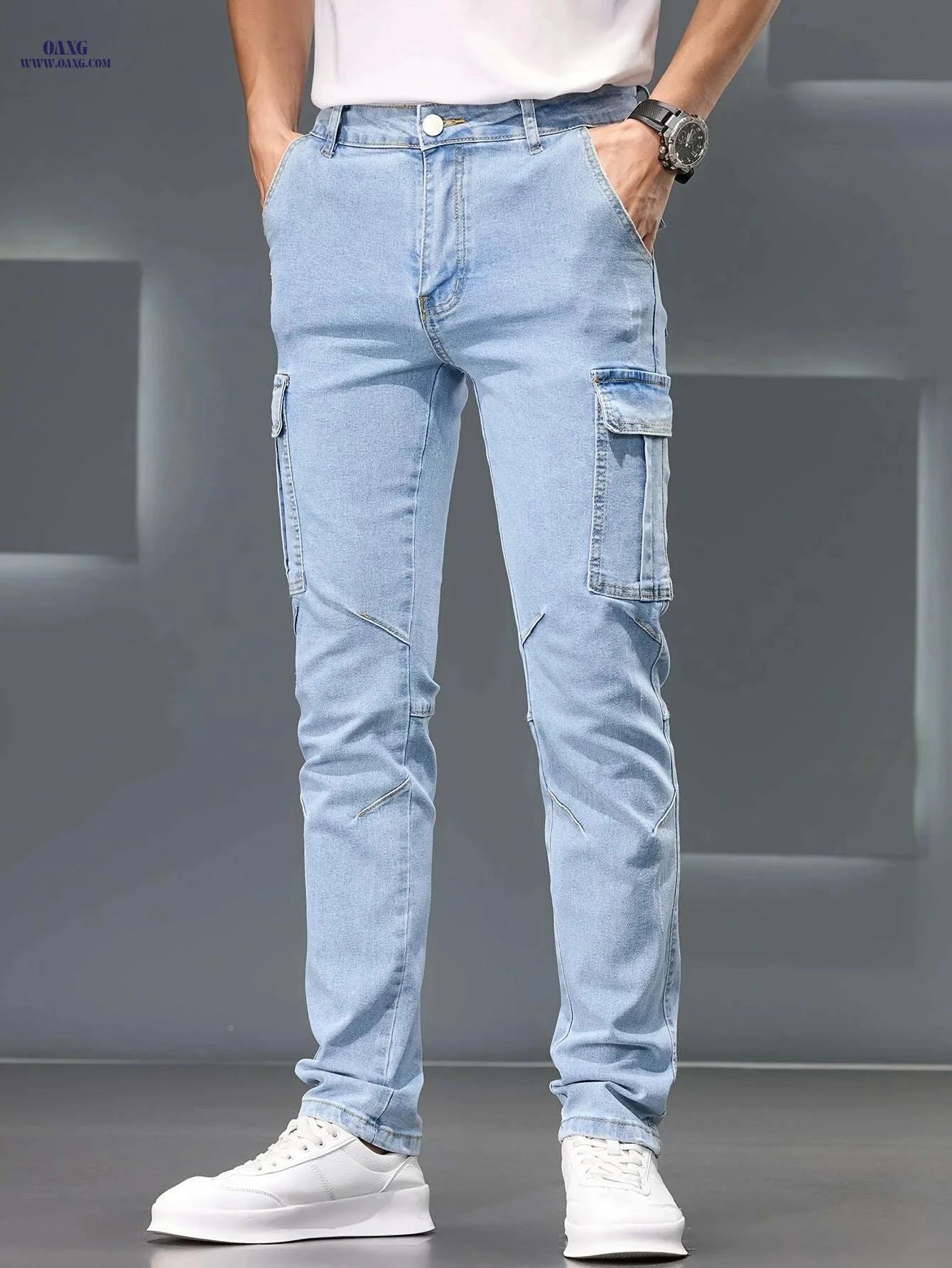 Men's Slim-Fit Stretch Jeans - All-Comfort Mid-Rise Casual Pants   OAXG Light Blue / 28