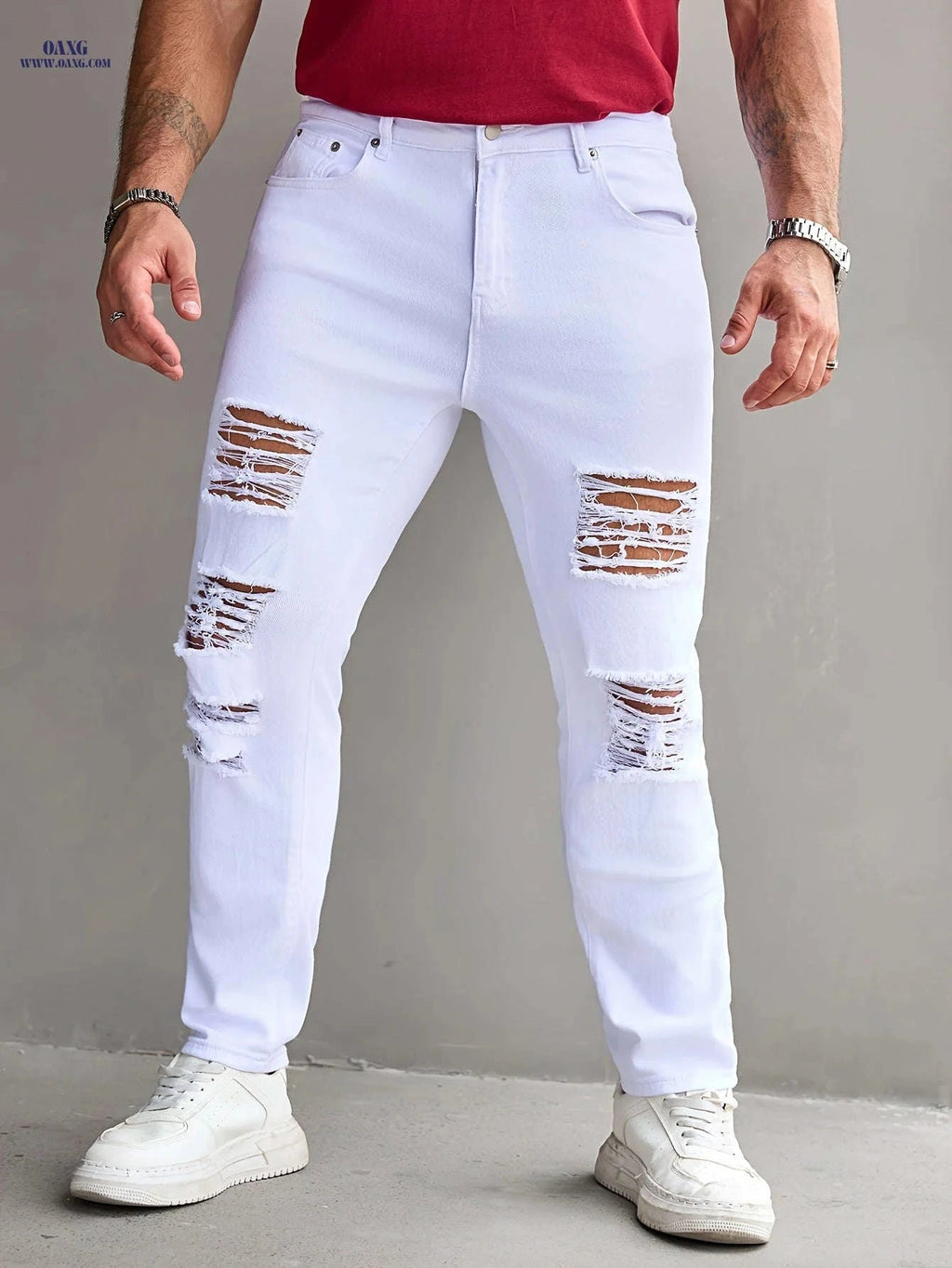 Men's Slim Fit Stretch Ripped Jeans - Casual All-Season Denim   OAXG 