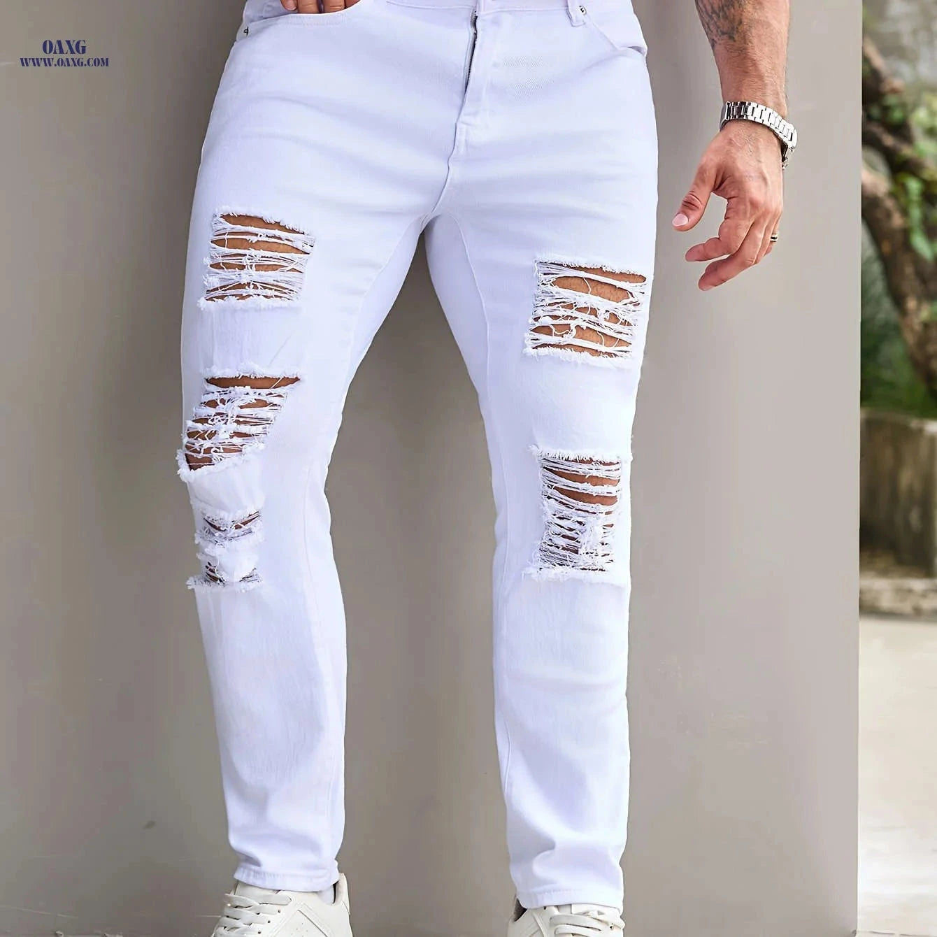 Men's Slim Fit Stretch Ripped Jeans - Casual All-Season Denim   OAXG 