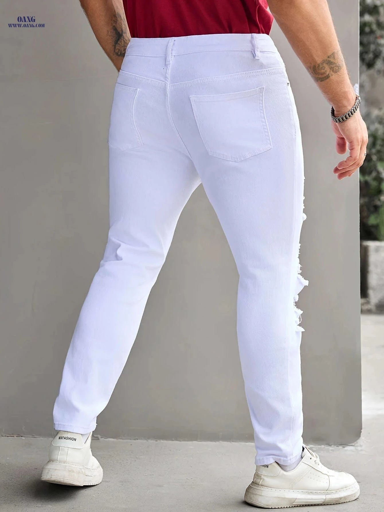 Men's Slim Fit Stretch Ripped Jeans - Casual All-Season Denim   OAXG White / FR 34-36