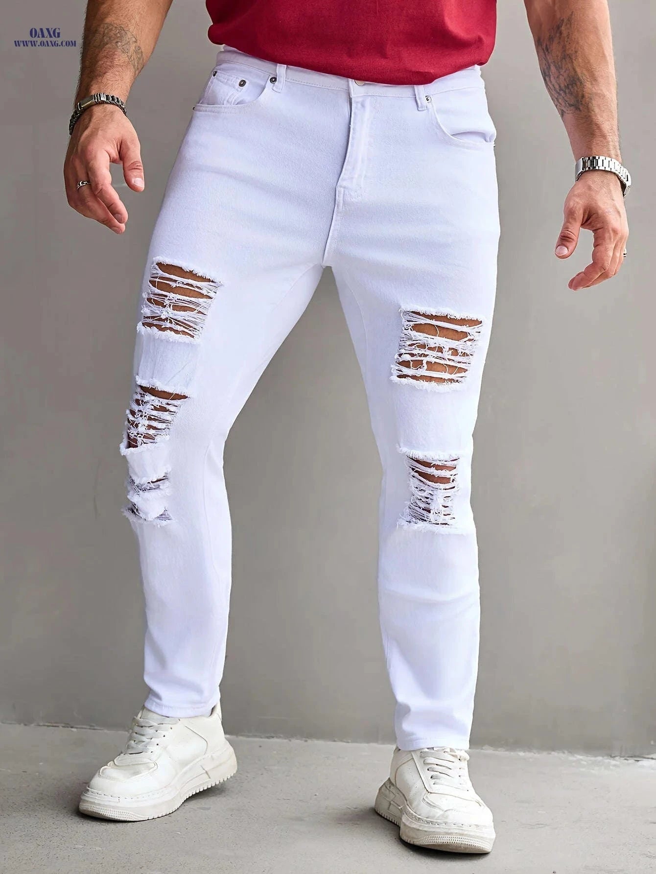 Men's Slim Fit Stretch Ripped Jeans - Casual All-Season Denim   OAXG White / FR 34-36