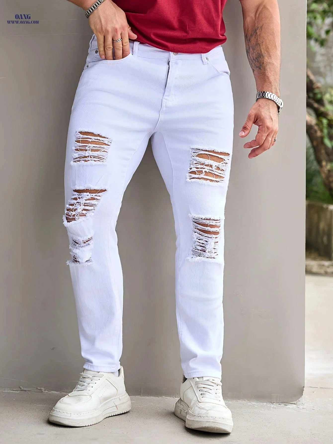 Men's Slim Fit Stretch Ripped Jeans - Casual All-Season Denim   OAXG White / FR 34-36