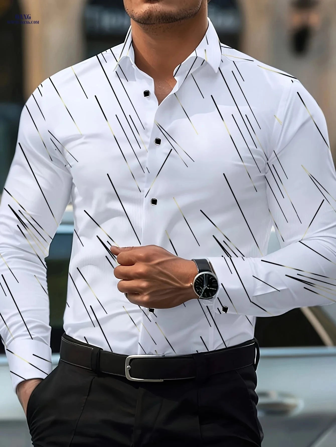 Men's Slim Fit Striped Dress Shirt - Polyester, Fashionable Style   OAXG White / FR S