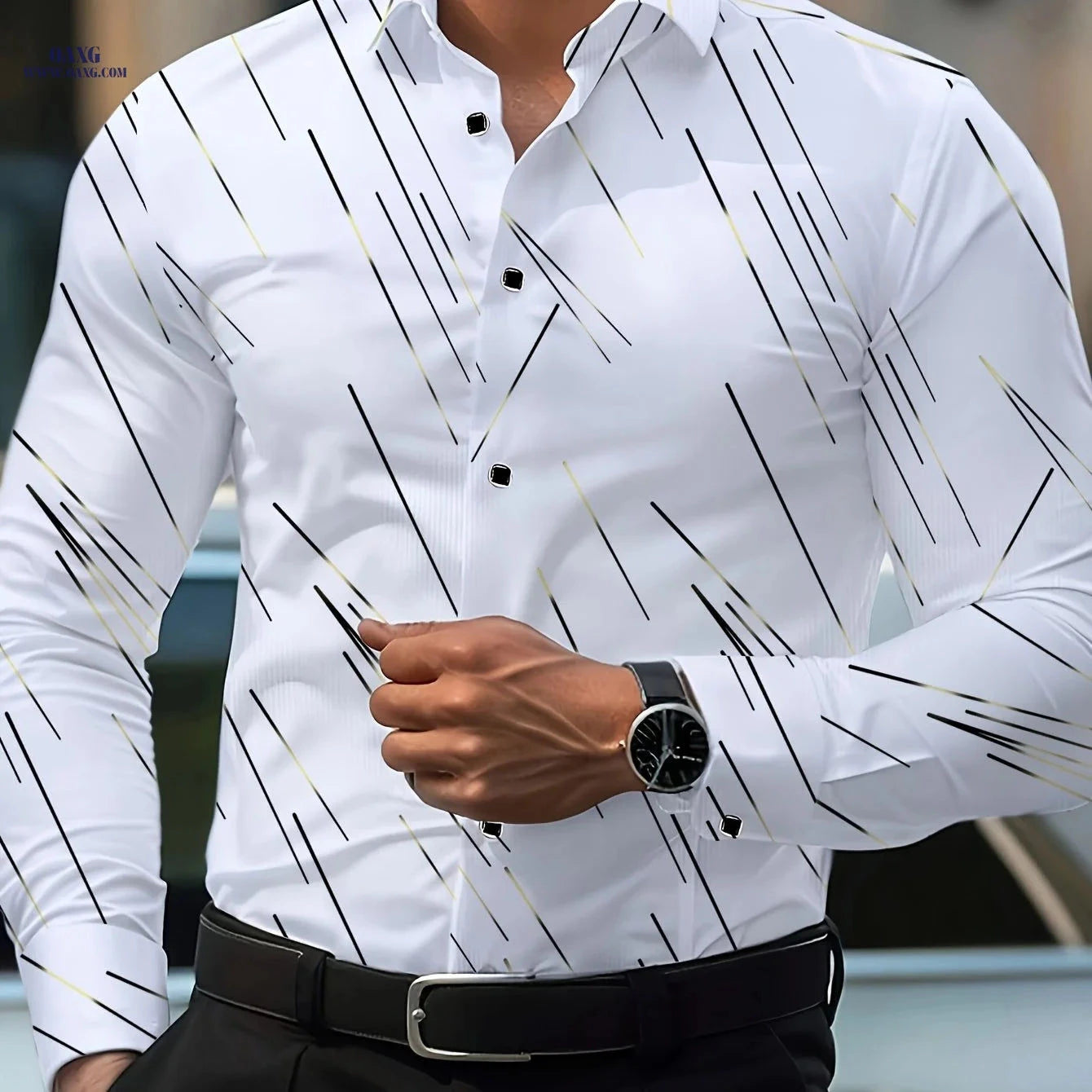 Men's Slim Fit Striped Dress Shirt - Polyester, Fashionable Style   OAXG White / FR S