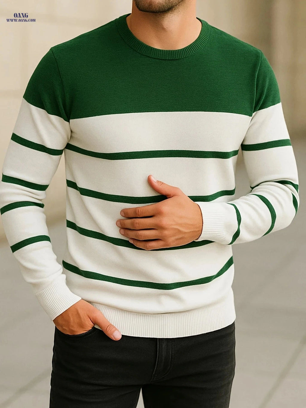 Men's Slim-Fit Striped Round-Neck Knit Sweater - Spring Style   OAXG 