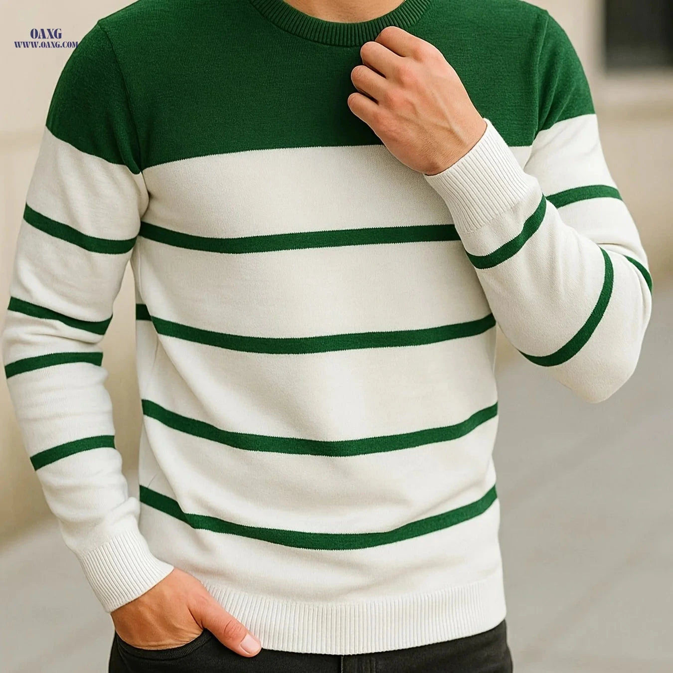 Men's Slim-Fit Striped Round-Neck Knit Sweater - Spring Style   OAXG 