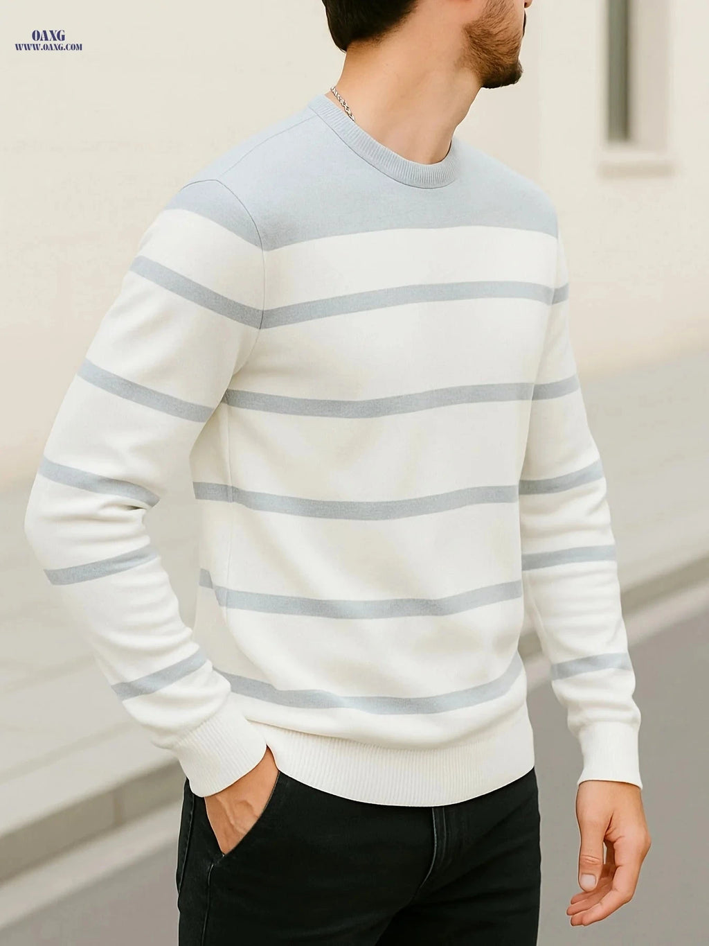 Men's Slim-Fit Striped Round-Neck Knit Sweater - Spring Style   OAXG Grey / FR XS