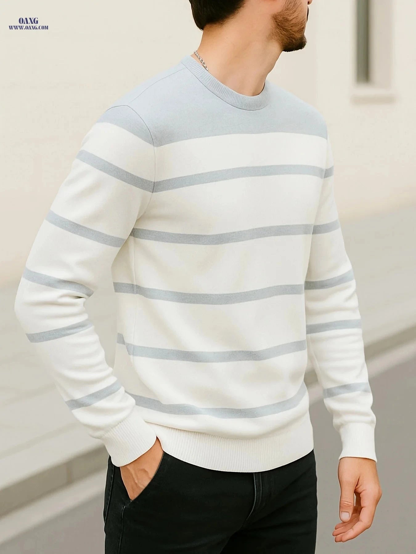 Men's Slim-Fit Striped Round-Neck Knit Sweater - Spring Style   OAXG Grey / FR XS