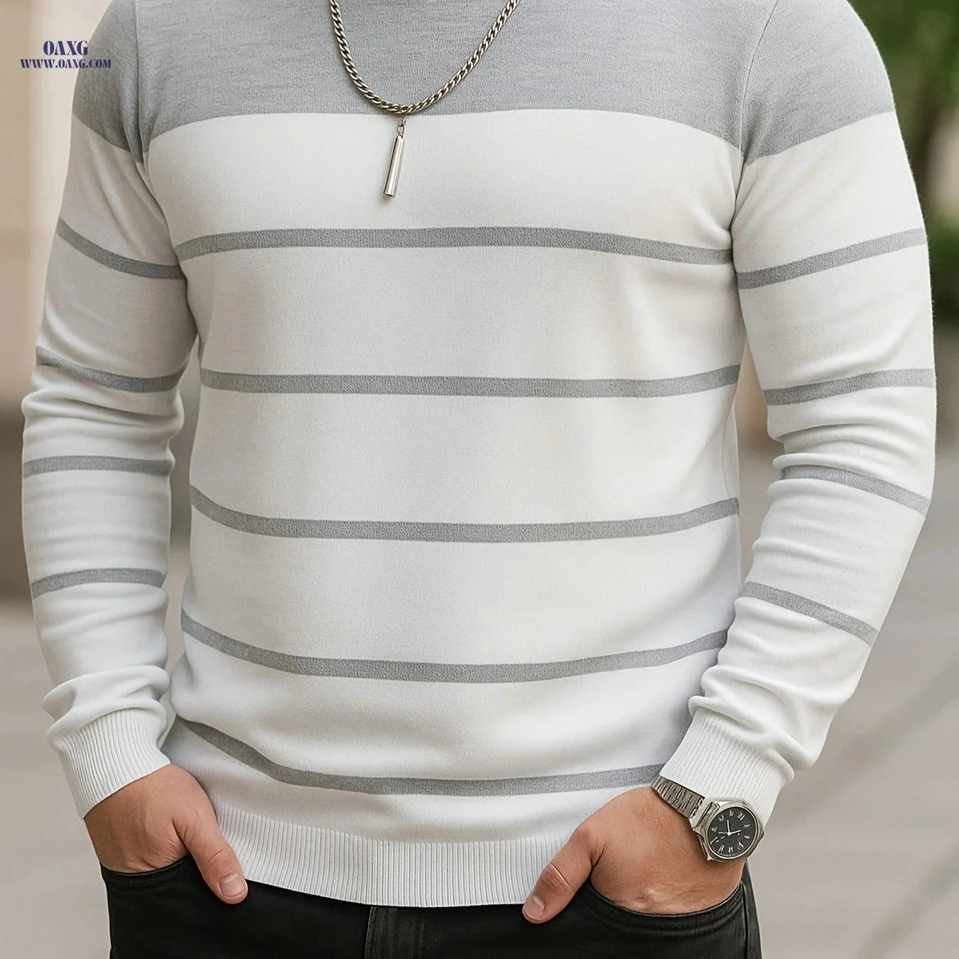 Men's Slim-Fit Striped Round-Neck Knit Sweater - Spring Style   OAXG Grey / FR XS