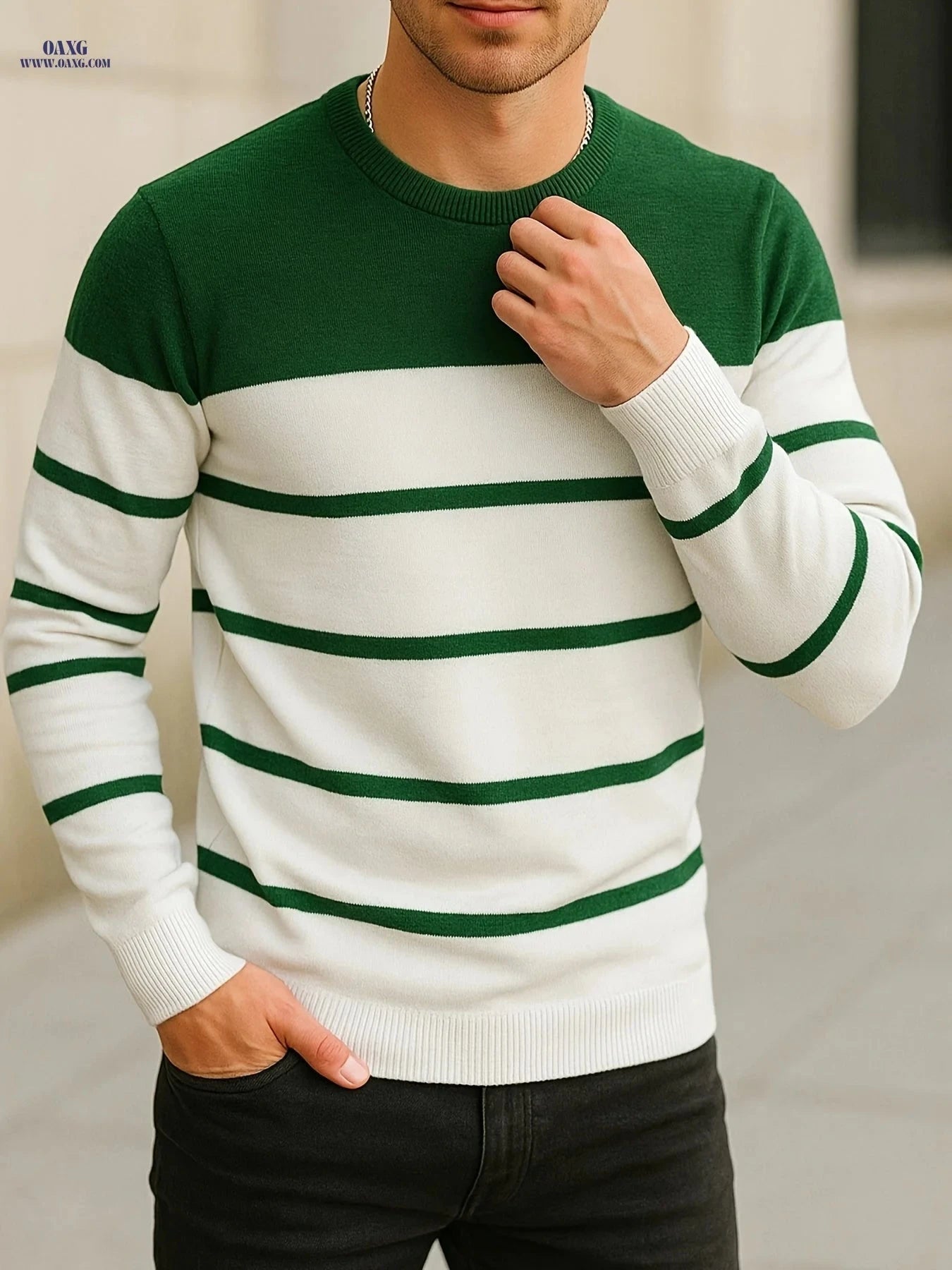 Men's Slim-Fit Striped Round-Neck Knit Sweater - Spring Style   OAXG Grey / FR XS