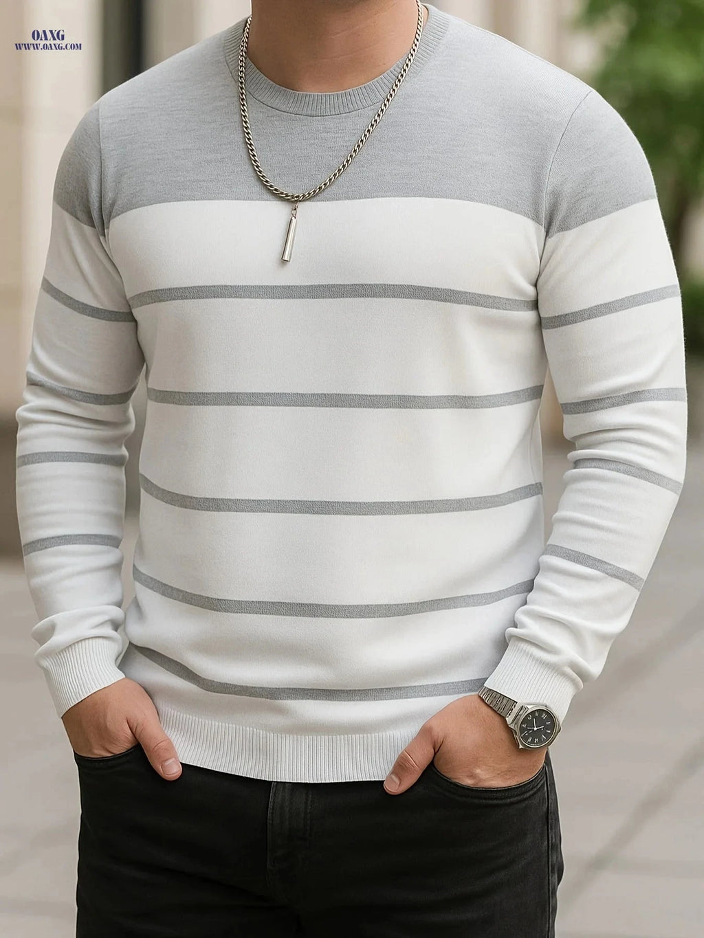 Men's Slim-Fit Striped Round-Neck Knit Sweater - Spring Style   OAXG Grey / FR XS