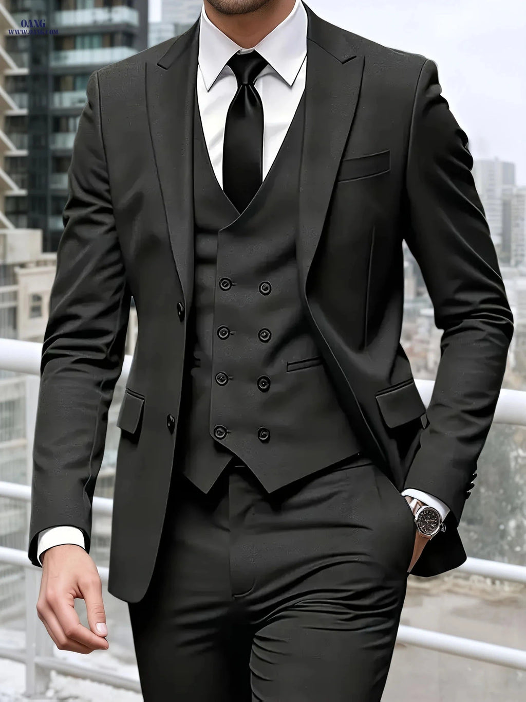 Men's Slim Fit Three-Piece Suit - Notched Lapel Wedding Set   OAXG 