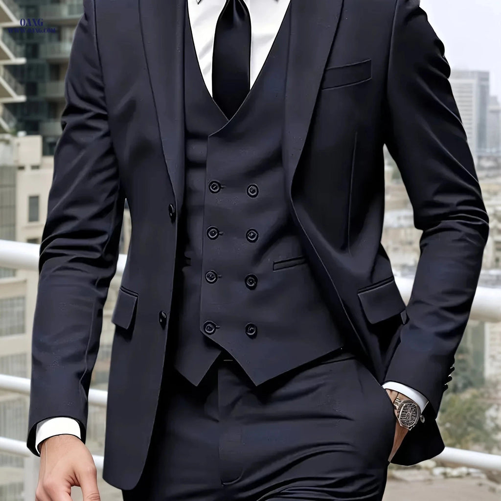 Men's Slim Fit Three-Piece Suit - Notched Lapel Wedding Set   OAXG 