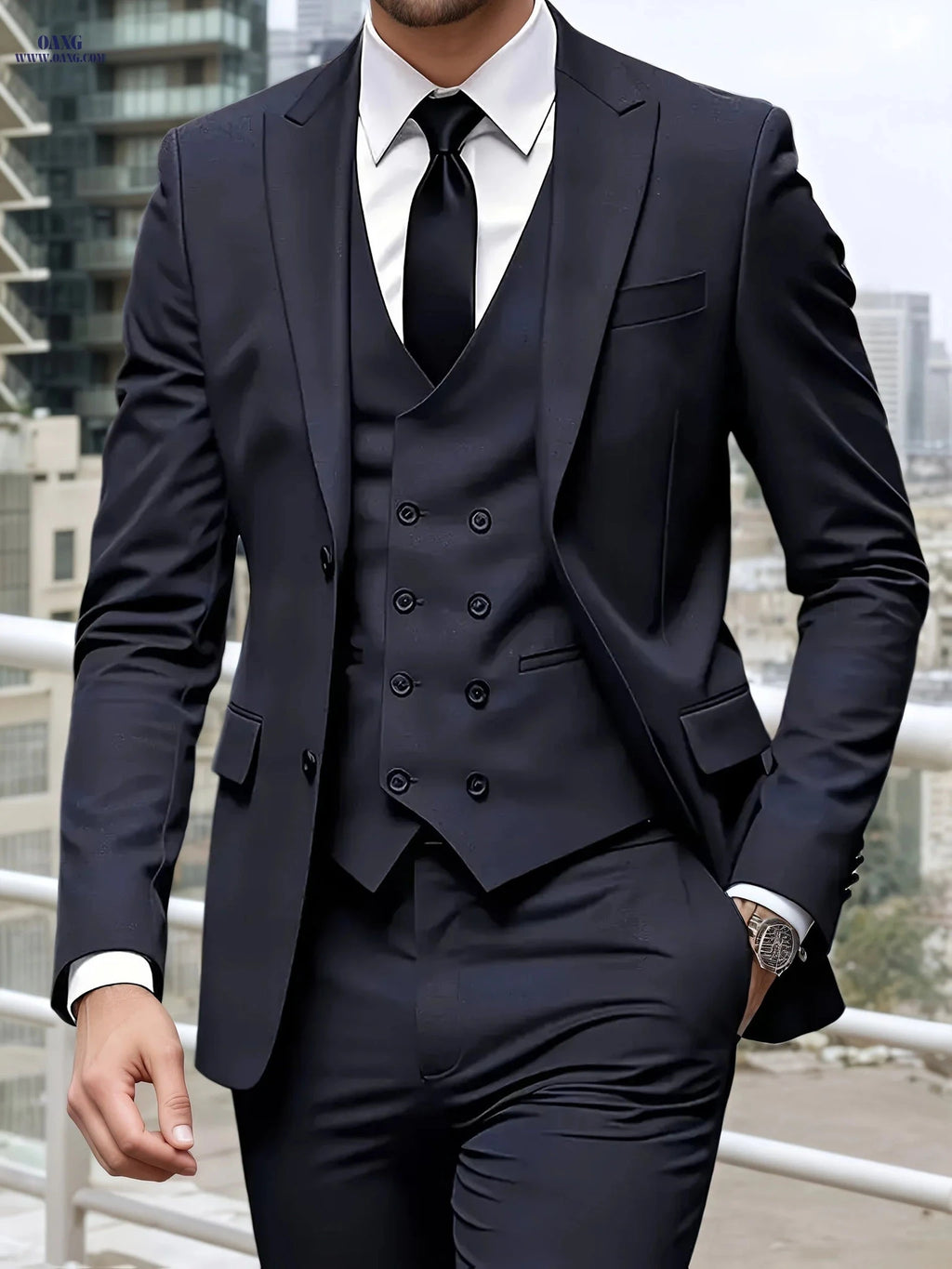 Men's Slim Fit Three-Piece Suit - Notched Lapel Wedding Set   OAXG Blue Navy / FR XXS