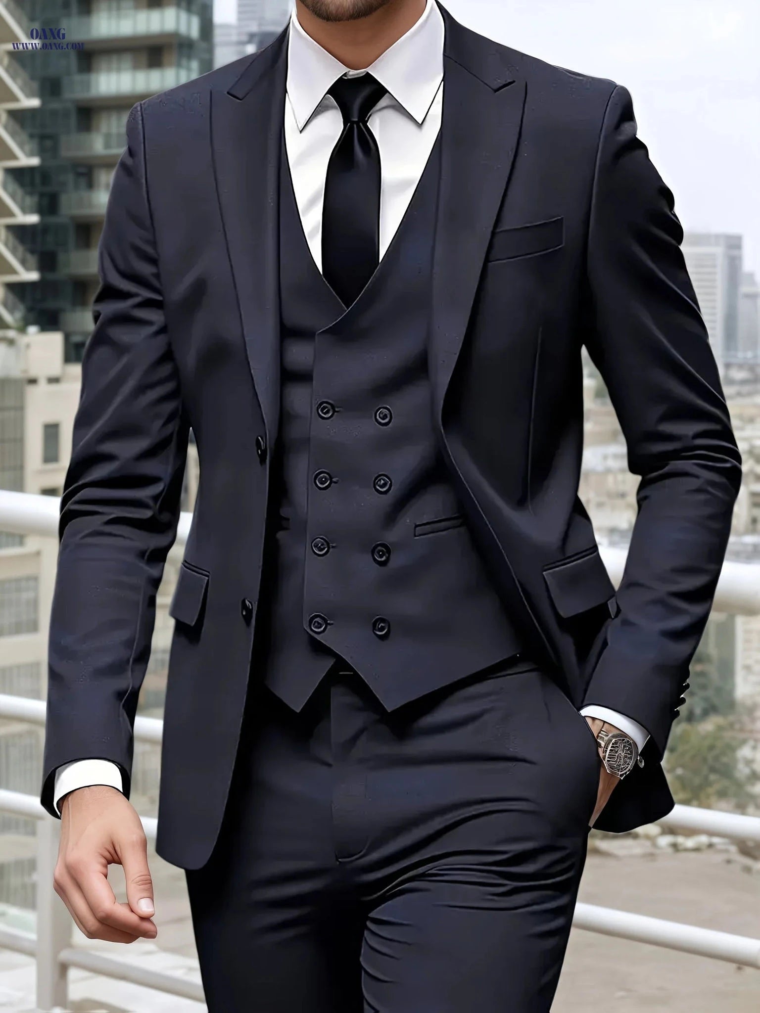 Men's Slim Fit Three-Piece Suit - Notched Lapel Wedding Set   OAXG Blue Navy / FR XXS