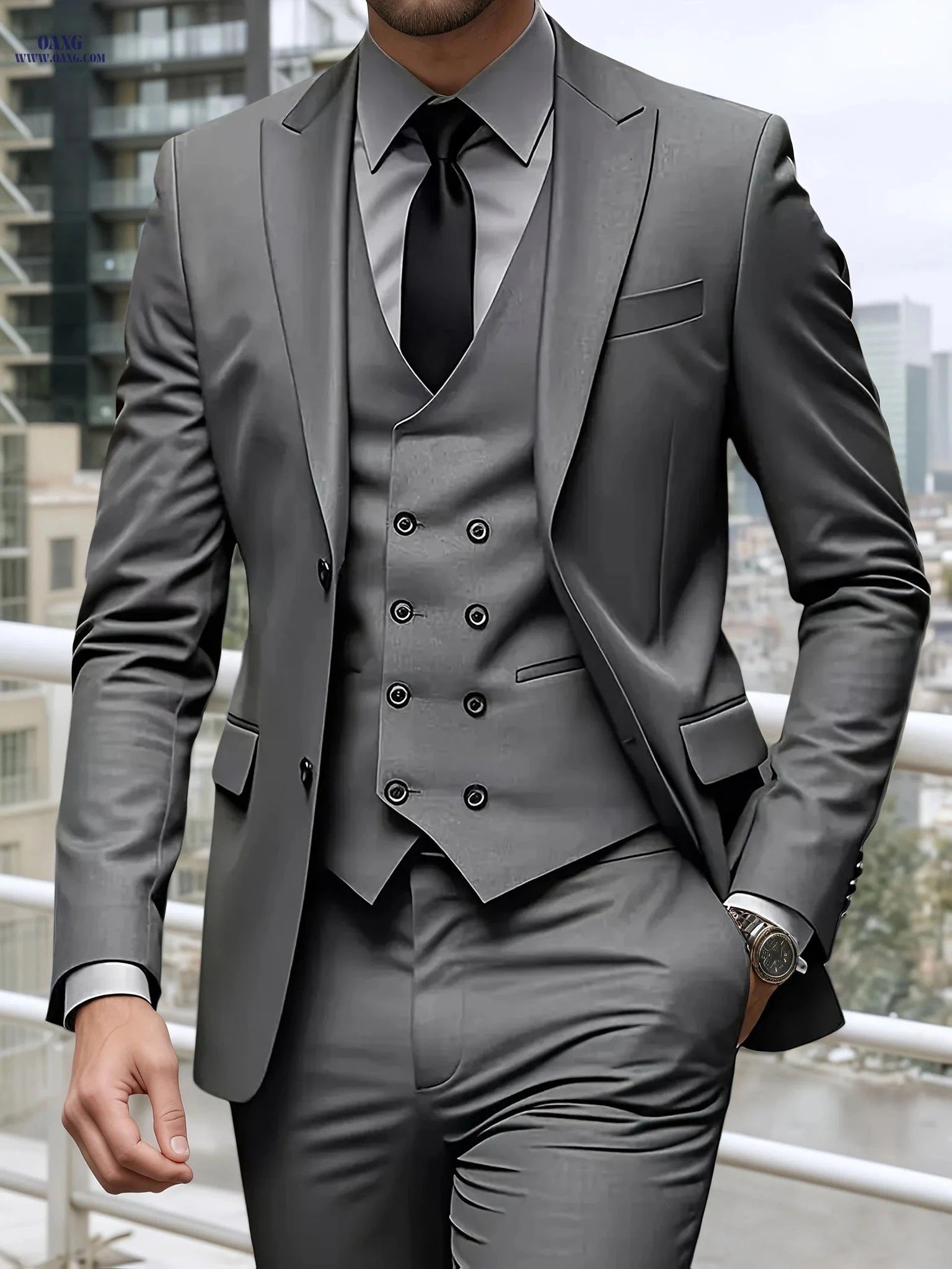 Men's Slim Fit Three-Piece Suit - Notched Lapel Wedding Set   OAXG Blue Navy / FR XXS