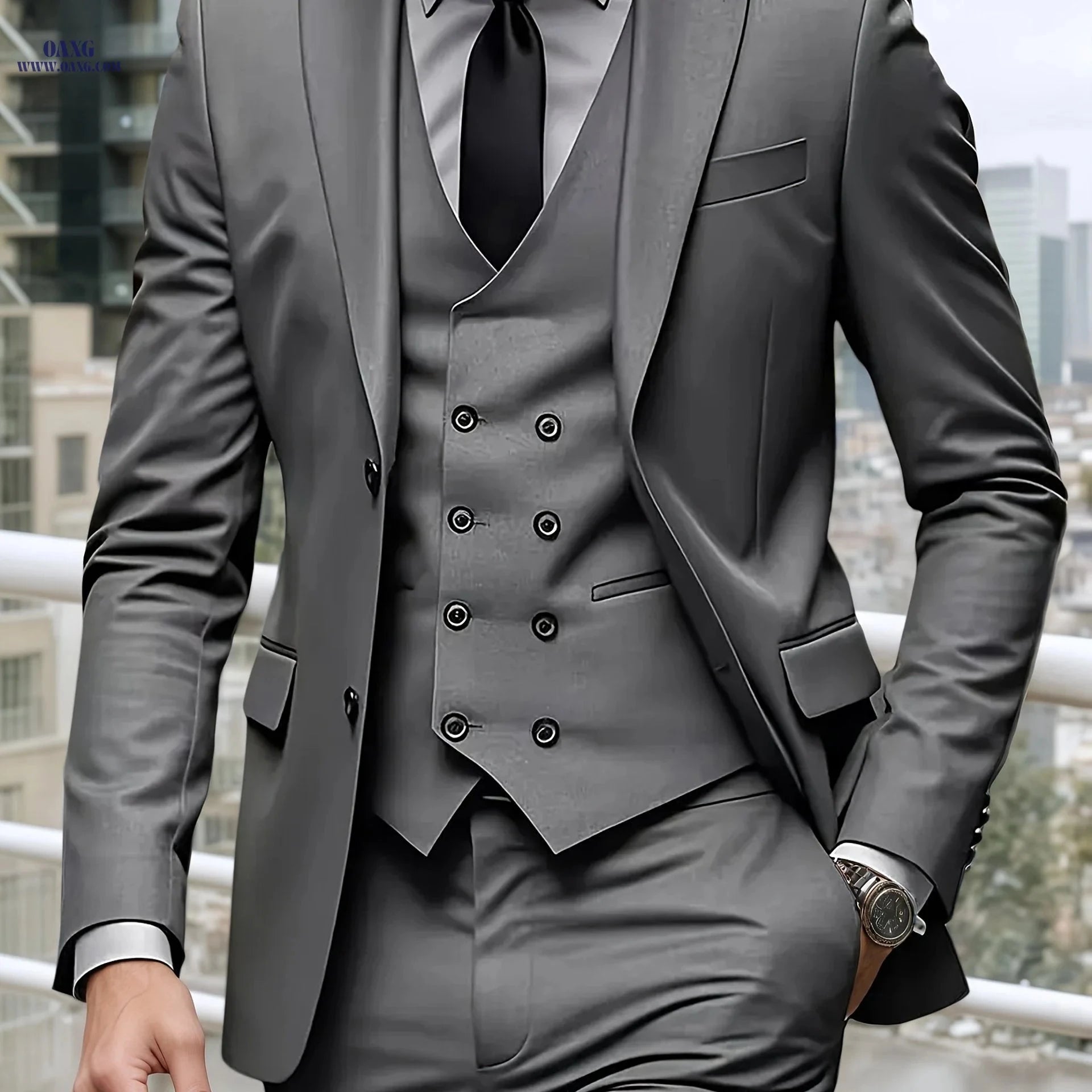 Men's Slim Fit Three-Piece Suit - Notched Lapel Wedding Set   OAXG 