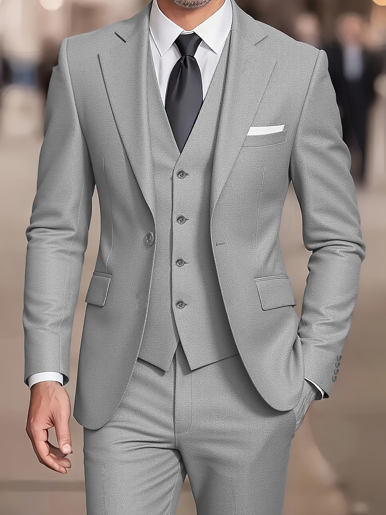Men's Slim Fit Tuxedo Suit - 3 Piece Blazer, Vest & Pants Set   OAXG Black / FR XXS