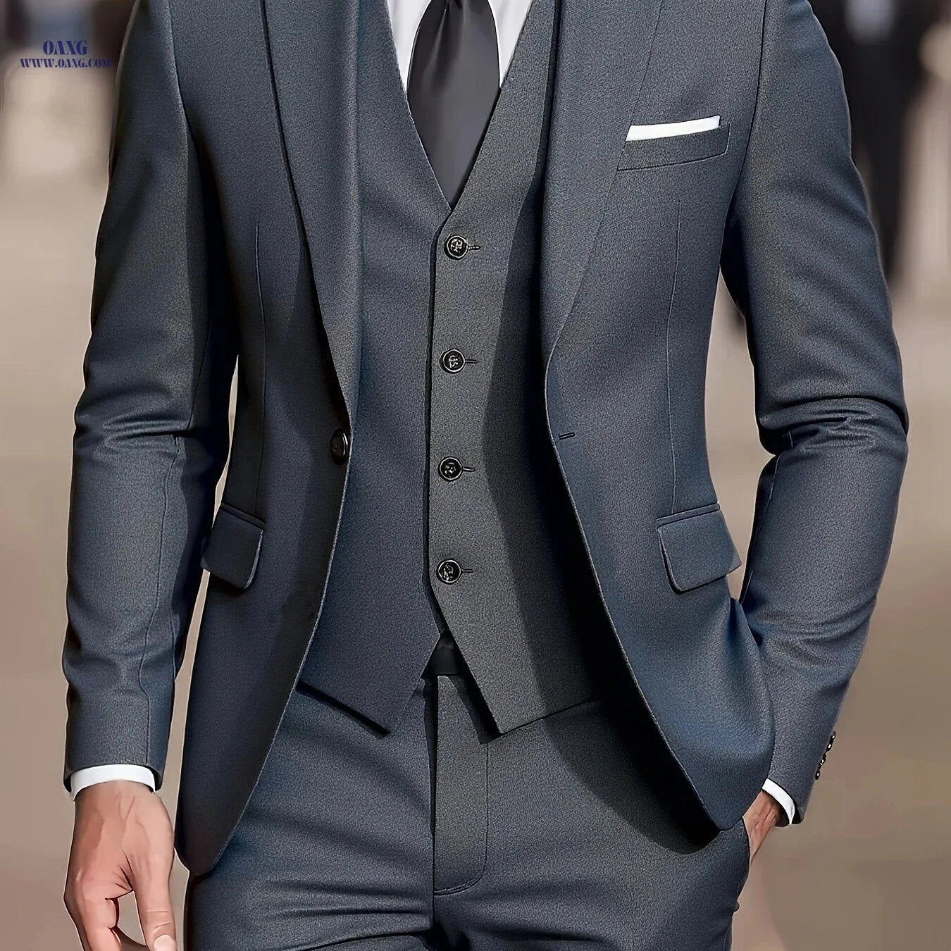 Men's Slim Fit Tuxedo Suit - 3 Piece Blazer, Vest & Pants Set   OAXG Black / FR XXS