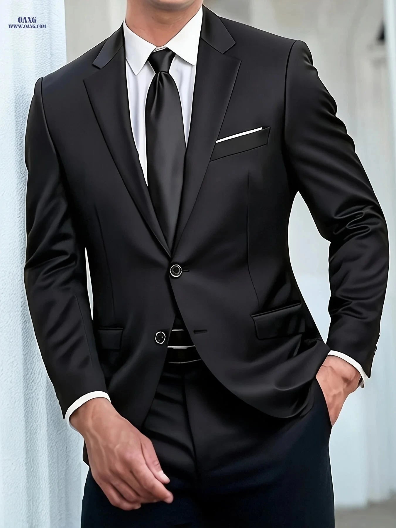 Men’s Slim Fit Two-Piece Suit Set - Perfect for Weddings & Events   OAXG Midnight Black / FR S