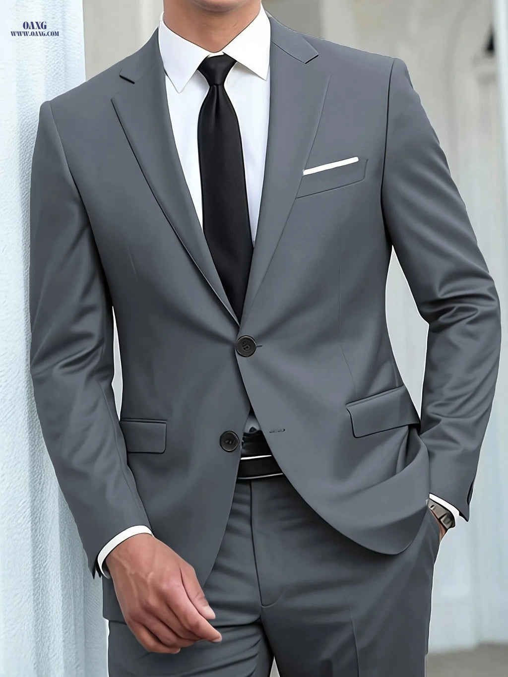Men’s Slim Fit Two-Piece Suit Set - Perfect for Weddings & Events   OAXG Midnight Black / FR S