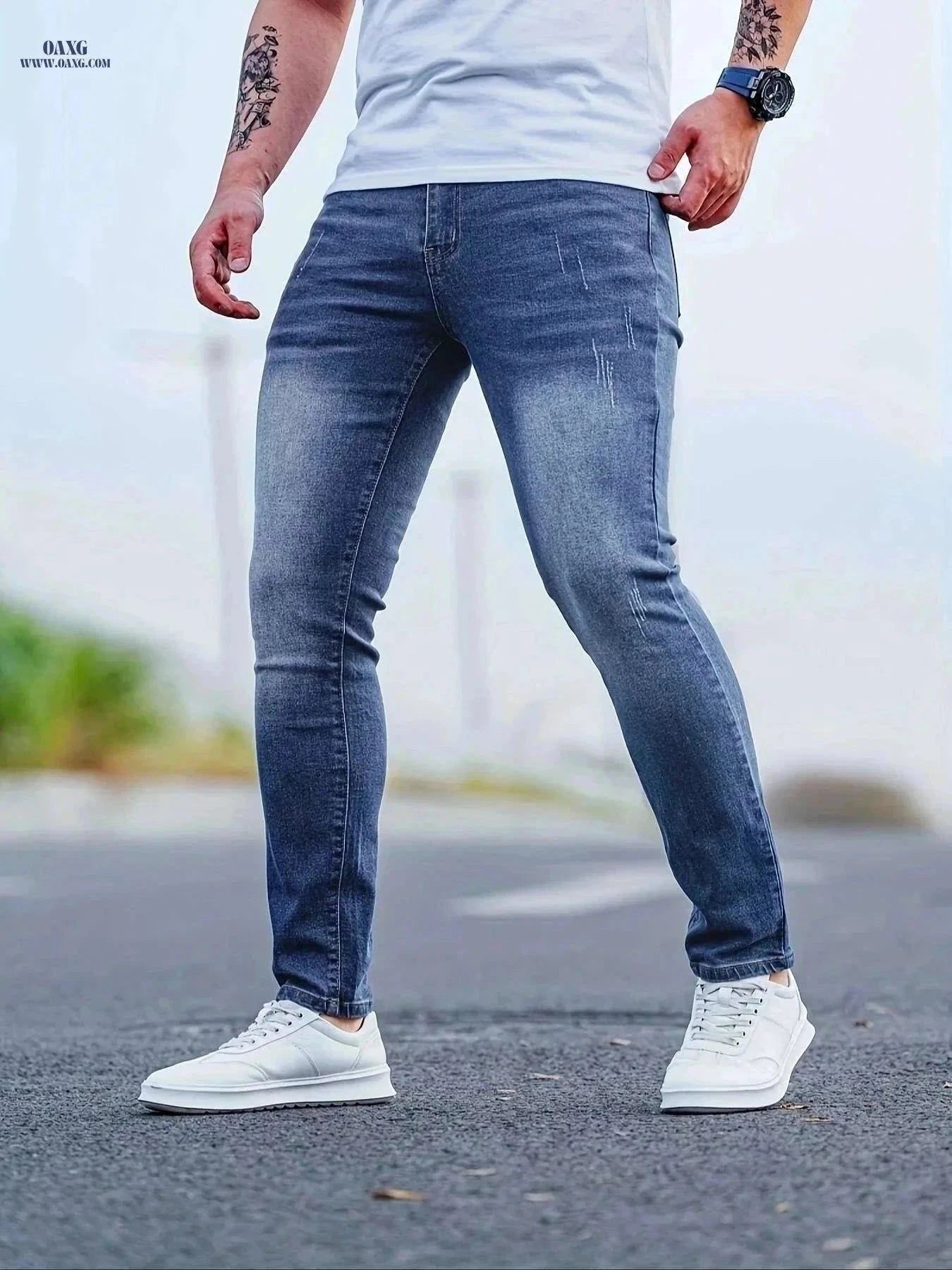 Men's Slim-Fit Vintage Blue Jeans - Stretchy & Casual Style   OAXG Navy Blue / S