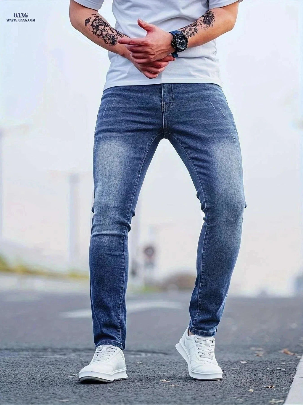 Men's Slim-Fit Vintage Blue Jeans - Stretchy & Casual Style   OAXG Navy Blue / S
