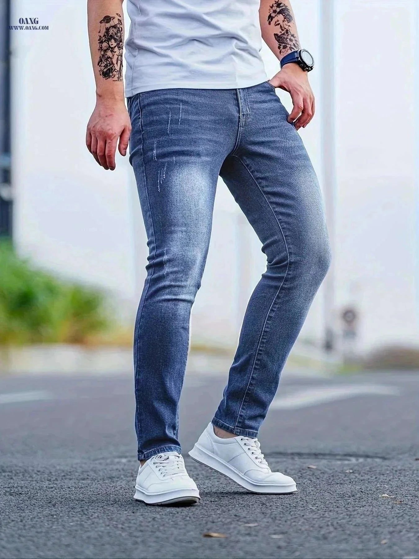 Men's Slim-Fit Vintage Blue Jeans - Stretchy & Casual Style   OAXG Navy Blue / S