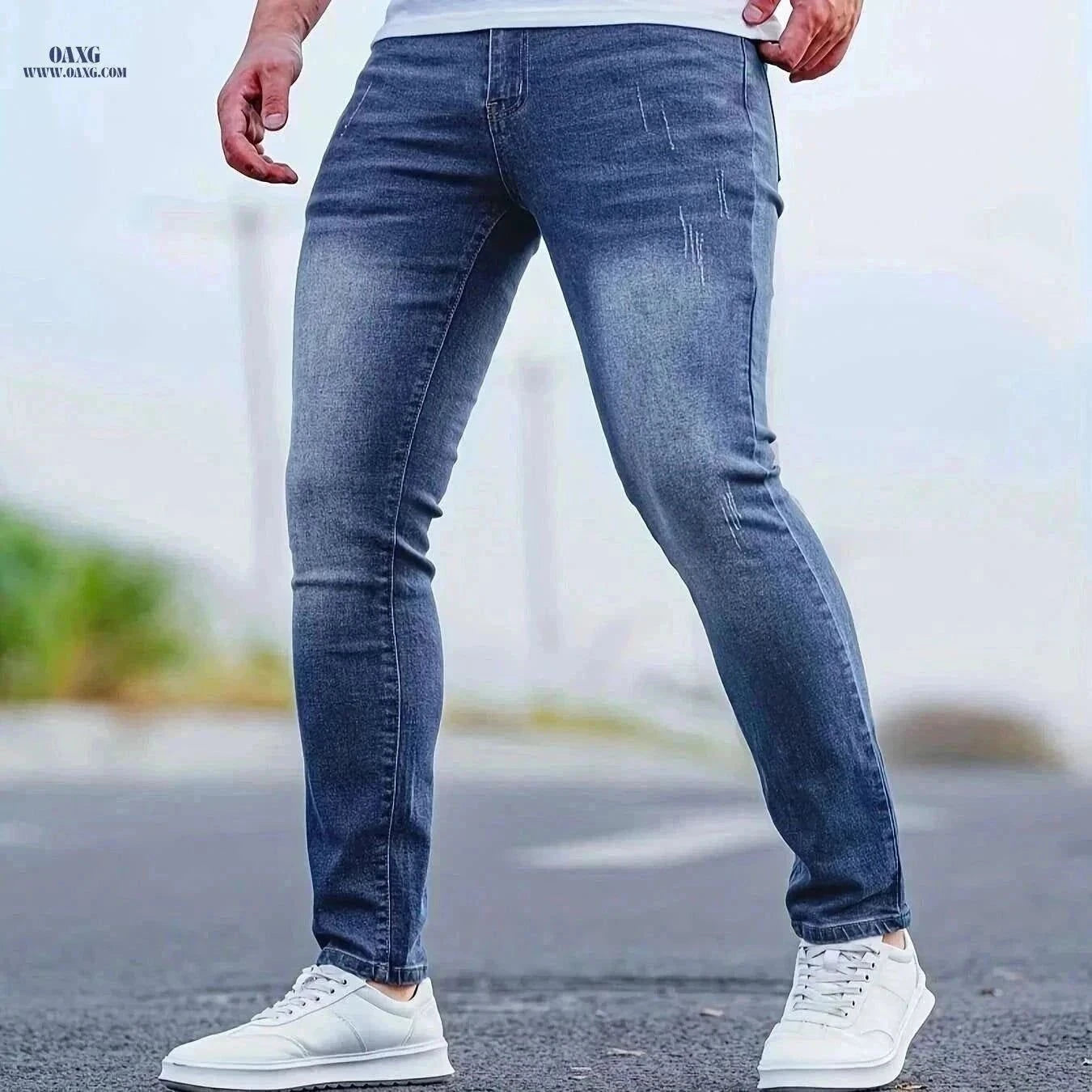 Men's Slim-Fit Vintage Blue Jeans - Stretchy & Casual Style   OAXG Navy Blue / S