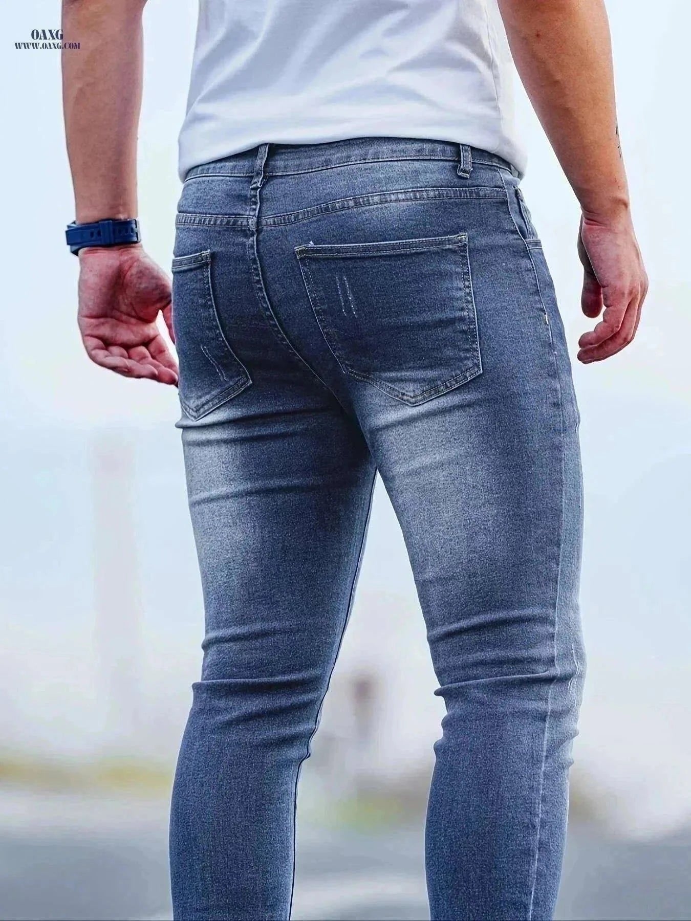 Men's Slim-Fit Vintage Blue Jeans - Stretchy & Casual Style   OAXG Navy Blue / S