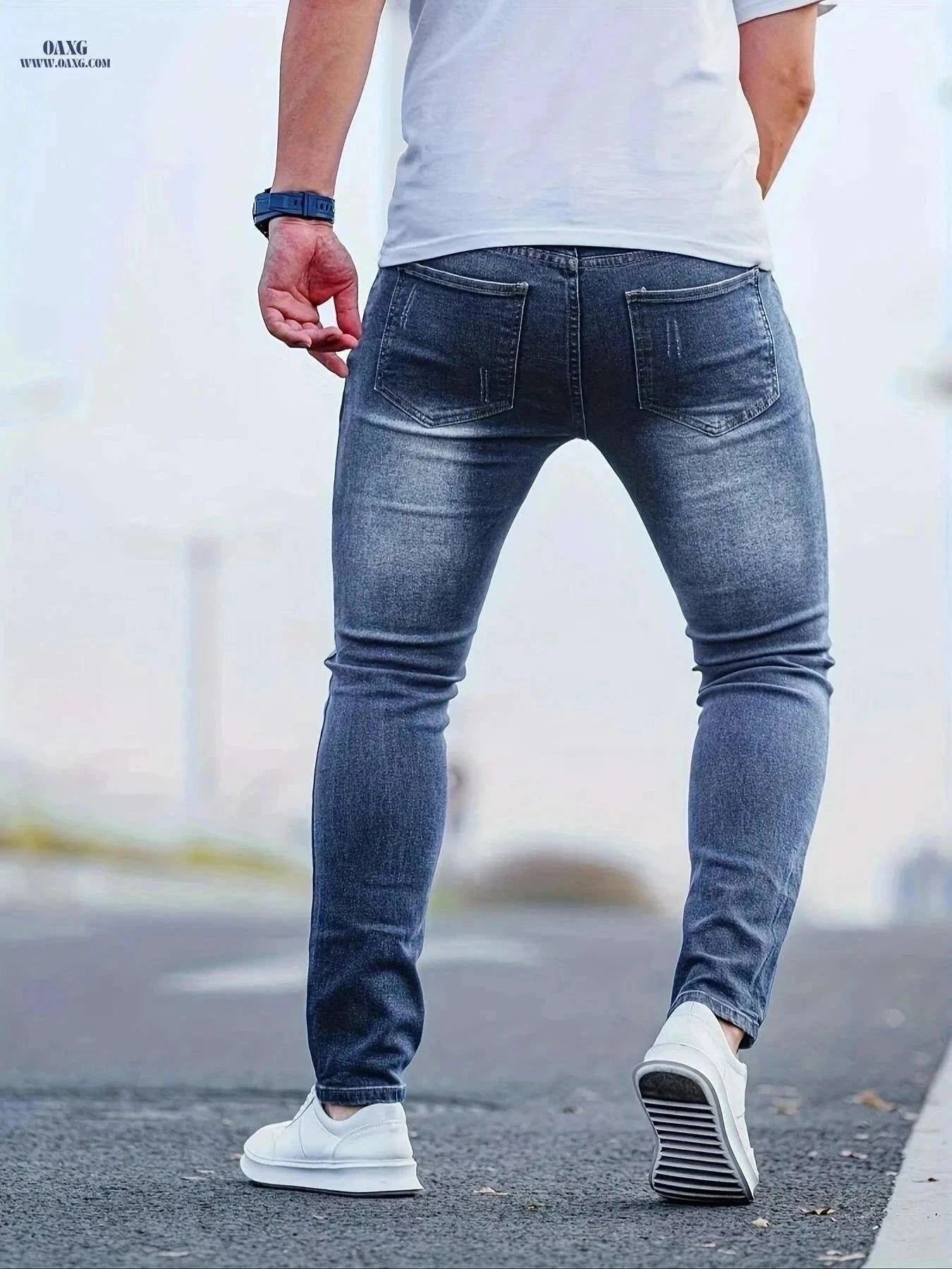 Men's Slim-Fit Vintage Blue Jeans - Stretchy & Casual Style   OAXG Navy Blue / S